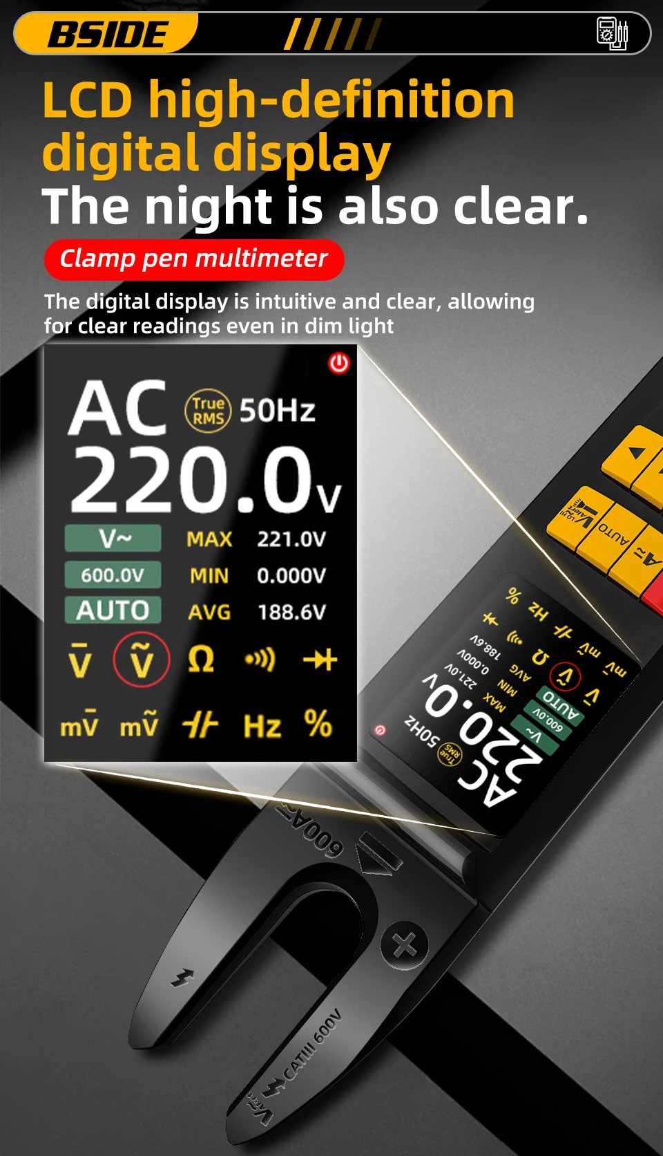 U5 Clamp Meter Open-Jaw DC AC 600A Smart TRMS Digital Multimeter Amp Capa Diode