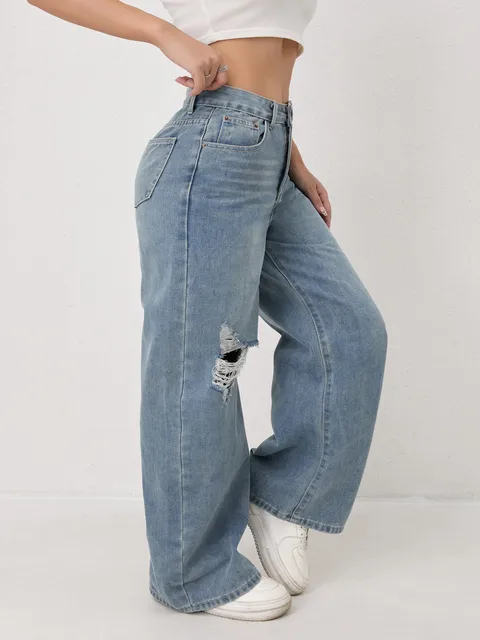 Women's Jeans 2026 New Arrival Loose Fit Casual High Waist Y2K Wide Leg Ripped Regular Denim Trousers Trendy Vintage Strety Ve 2