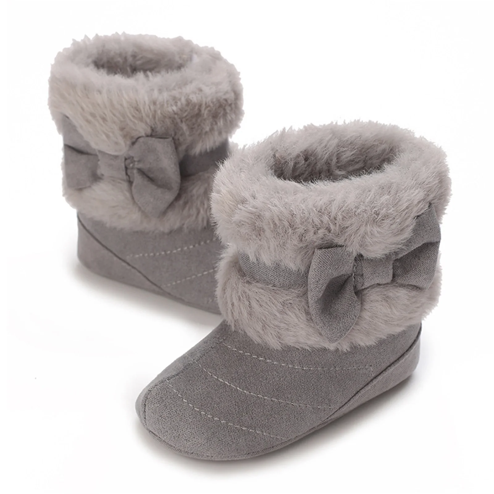 Baby Girl Boy Boots Cute Bowknot Plush Patchwork Crib Shoes Winter Warm Infants First Walker Shoes with Non-Skid Soles