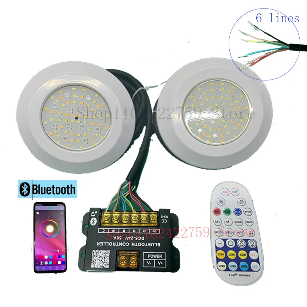 18W RGBCW LED 풀 라이트, 블루투스 앱 제어, IP68 방수 DC12V 6라인 수중 램프 스포트라이트 분수 및 조경용