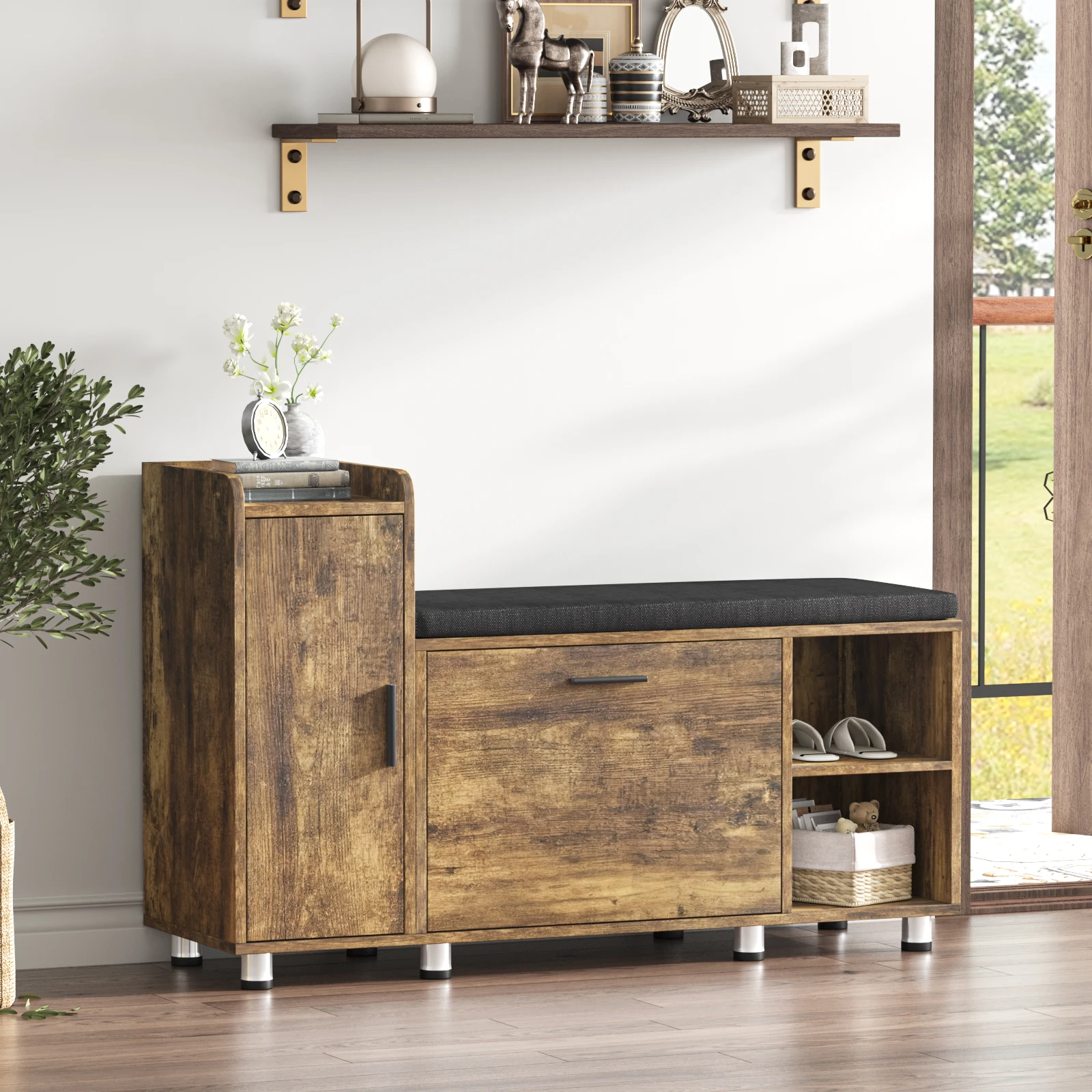 Vabches Shoe Cabinet Shoe Storage Bench with Flip Drawer Entryway Wood Bench with Adjustable Shelf & Removable Seat Cushion