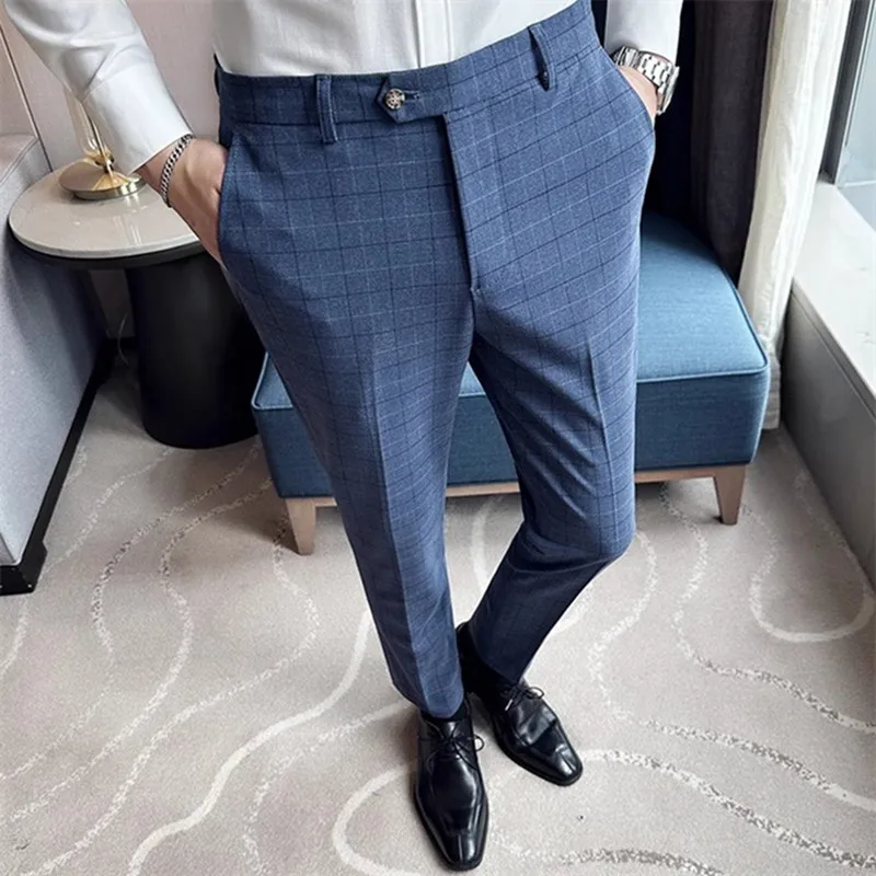 

Brand Men Checkered Suit Pants Blue / Gray 2024 New Men's Business Social Wedding Party Dress Trousers