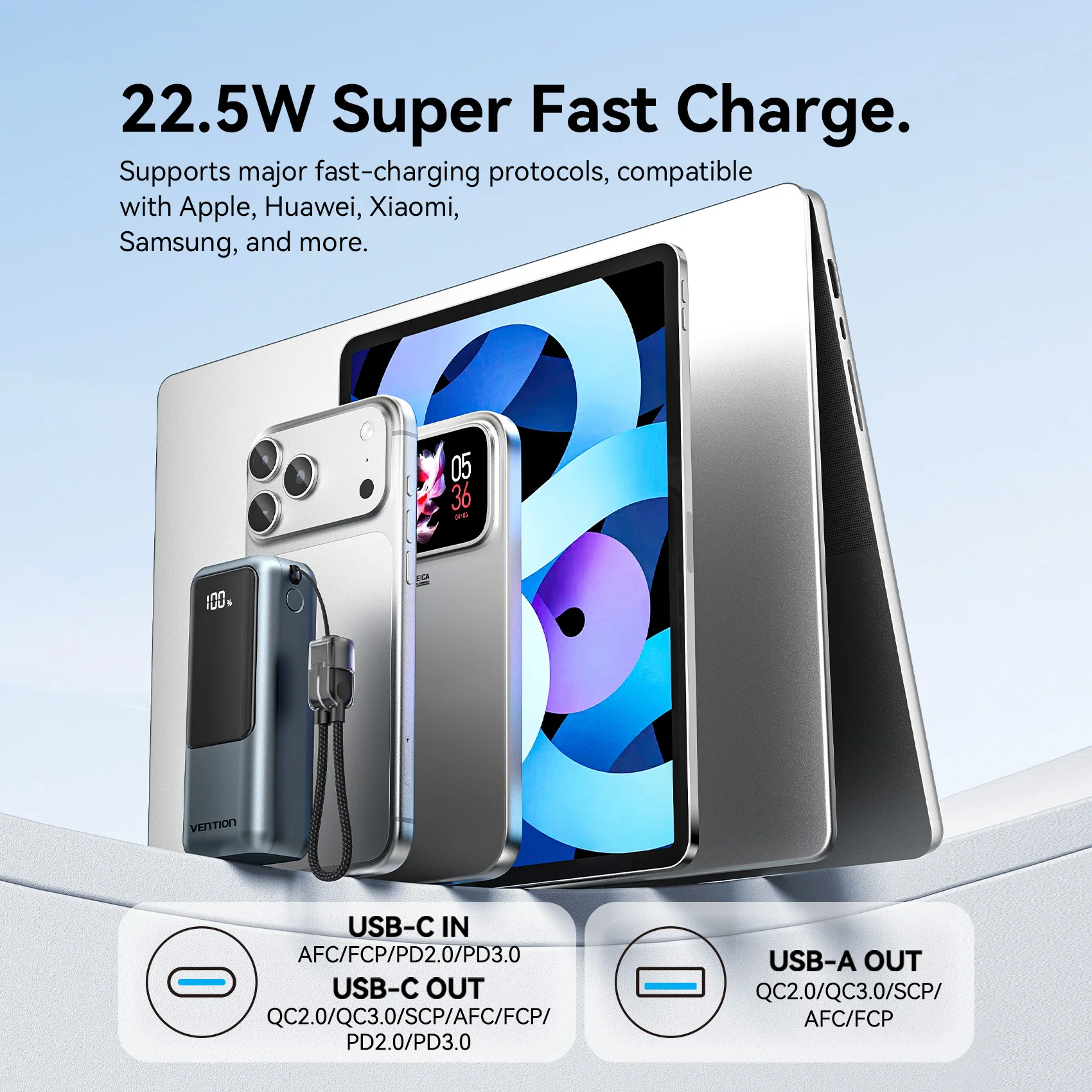 סוללת גיבוי ניידת Vention 10000mAh 22.5w עם כבל USB C מובנה, טעינה מהירה PD 3.0 לאייפון 17, סמסונג S25, S24