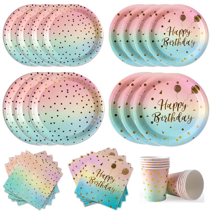Pastell Regenbogen Party Geburtstag Einweggeschirr Gold Dot Regenbogen Farbverlauf Pappteller Tasse Serviette Geburtstag Hochzeit Zubehör