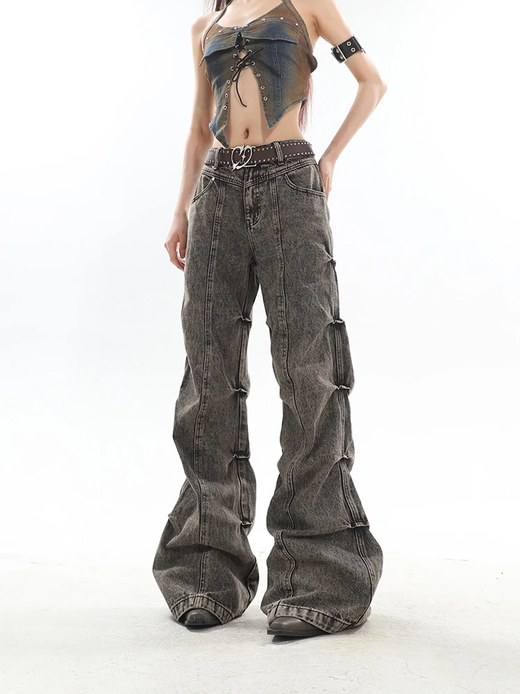 Jeans Women American Style Side Pleated Washed Distressed Denim Trousers High Street Hip Hop Advanced Autumn Hotsweet Girls Chic