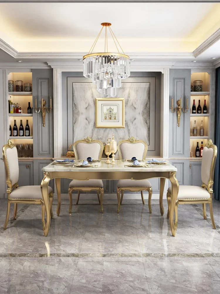 American light luxury solid wood dining table and chair combination living room luxury European marble dining table rectangular