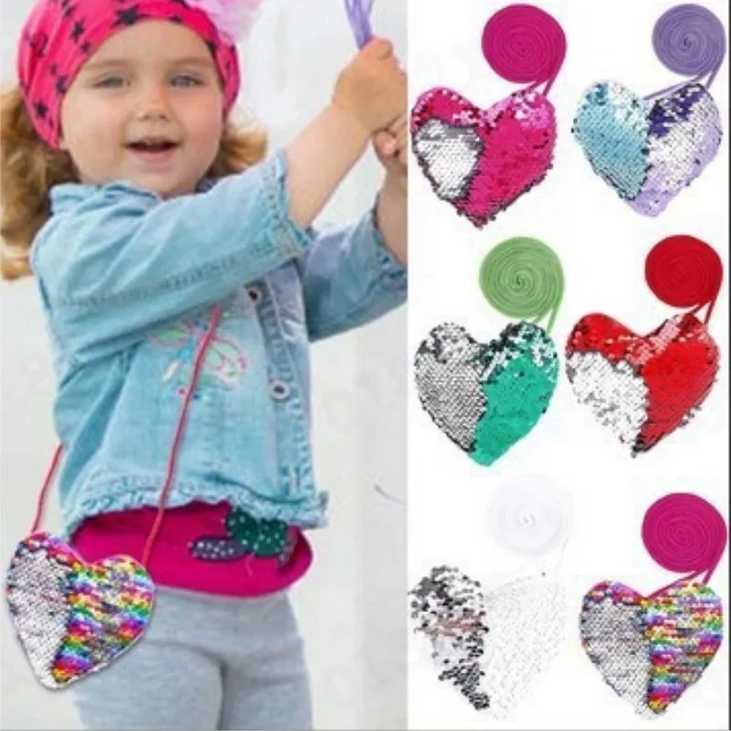 Princess Sequins Heart Shape Baby Bag Cute Solid Color Kid Coin Purse for Toddler Girl Shiny Children Shoulder HandBags