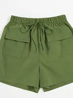 Olive drab Women's Oversized Woven Solid Color Casual Shorts Comfortable Loose Fit High Waist Knee-Length Summer Fashion Olive d - Image 5