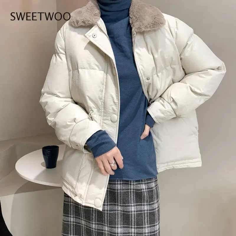 Women Winter Parka Coat Loose Fur Collar Parkas Thick Waist Adjust Long Sleeve Zipper Pockets Female Overcoat Contracted Slim