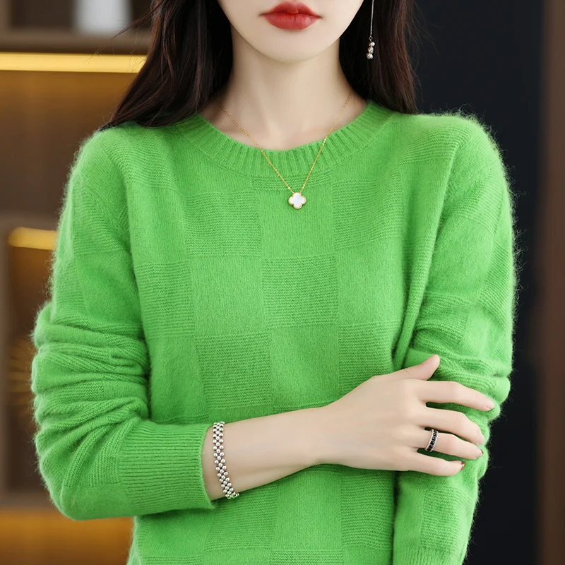Autumn and Winter New O-Neck Women's Sweater 100% Pure Mink Cashmere Knitted Pullover Solid Color Slim Fit Fashion Top 2