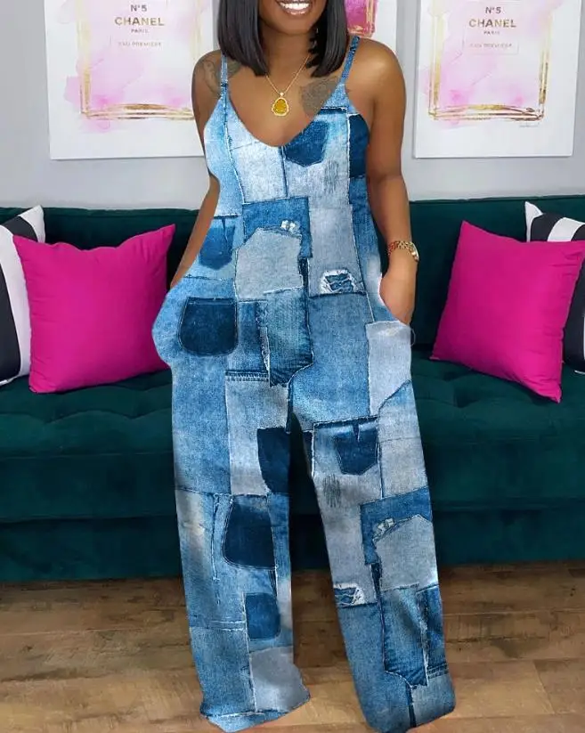 Plus Size Geometric Color Block Printed Italian Noodles with U-Neck and Shoulder Strap Jumpsuit for Women's Casual Summer Wear