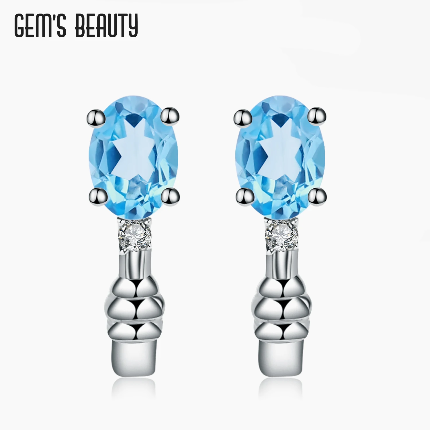 

GEM'S BEAUTY 925 Sterling Silver Earring For Women Oval Simple Fashion Advanced Natural Swiss Blue Topaz Earring
