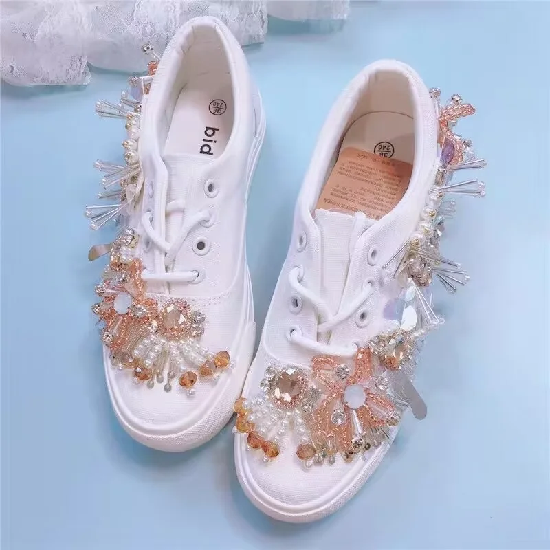 

White pearl rhinestones with fringe edge handmade custom low-top canvas shoes casual women's fashion 35-39