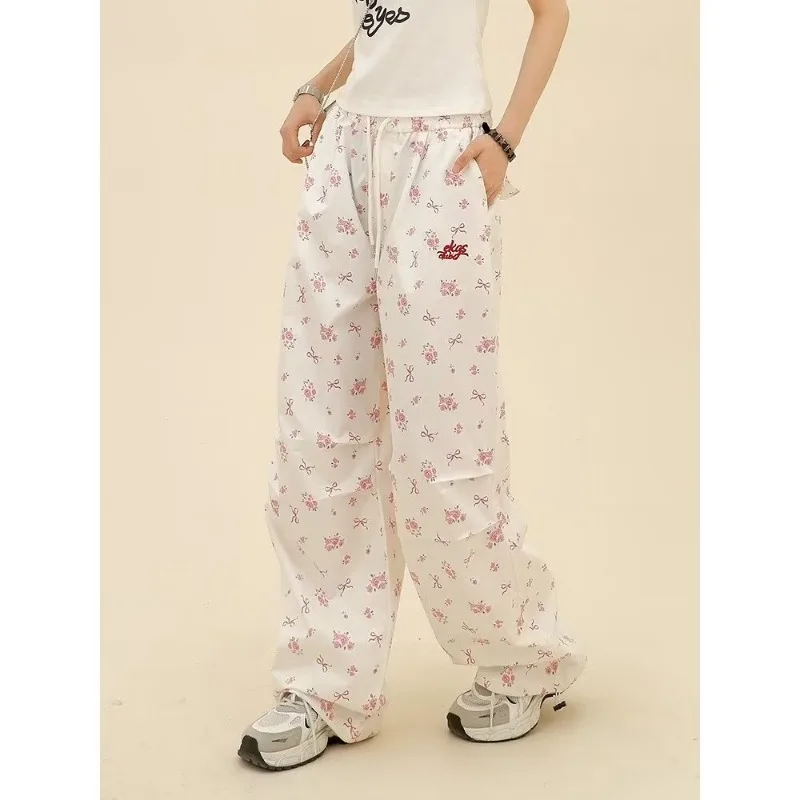 

QWEEK Y2k Coquette Flower Print Cargo Pants Women Baggy Korean Wide Leg Vintage White Trousers America High Waist Aesthetic