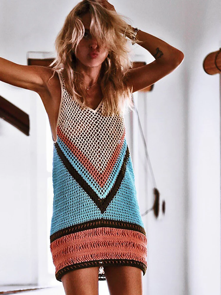 

2024 Одежда для танцев, парео, летние платья с открытой спиной и вырезами, сексуальное вязаное платье, вязаный шикарный костюм