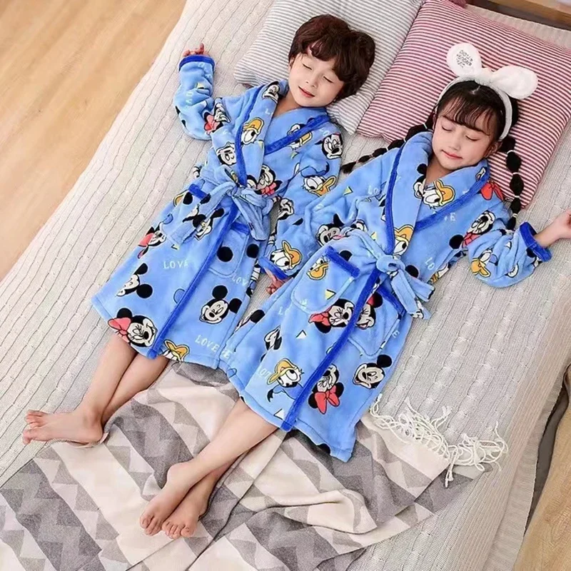 Children Cartoon Mickey Donald Print Bathrobes Gown Kid Robes Flannel Boy Girl Lovely Long Sleeve Pajamas Sleepwear Baby Clothes