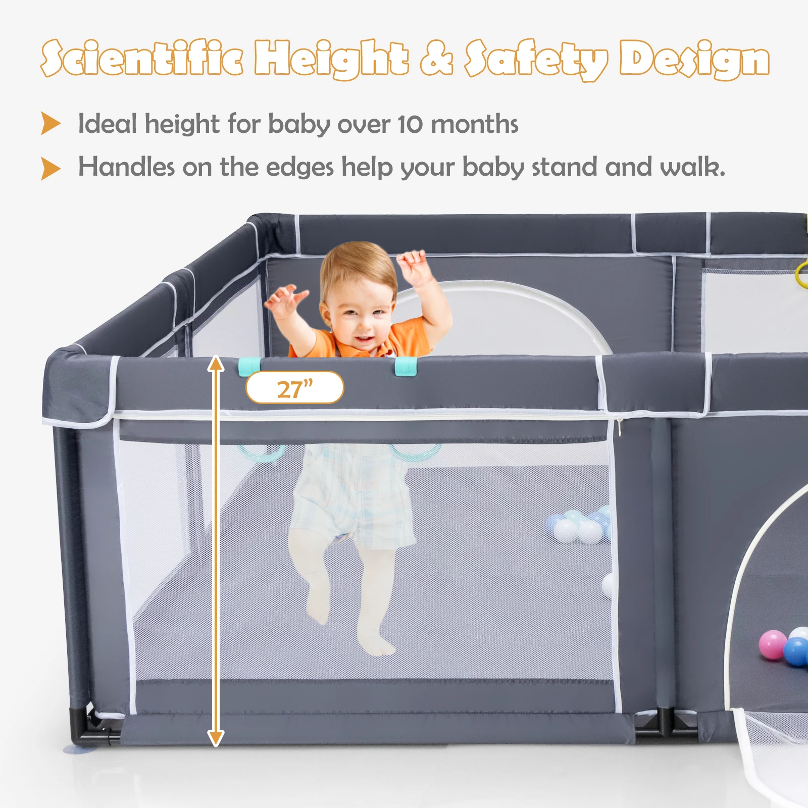 Extra Large Baby Playpen Safety Baby Play Yard w/50 Ocean Balls & 4 Handles 5