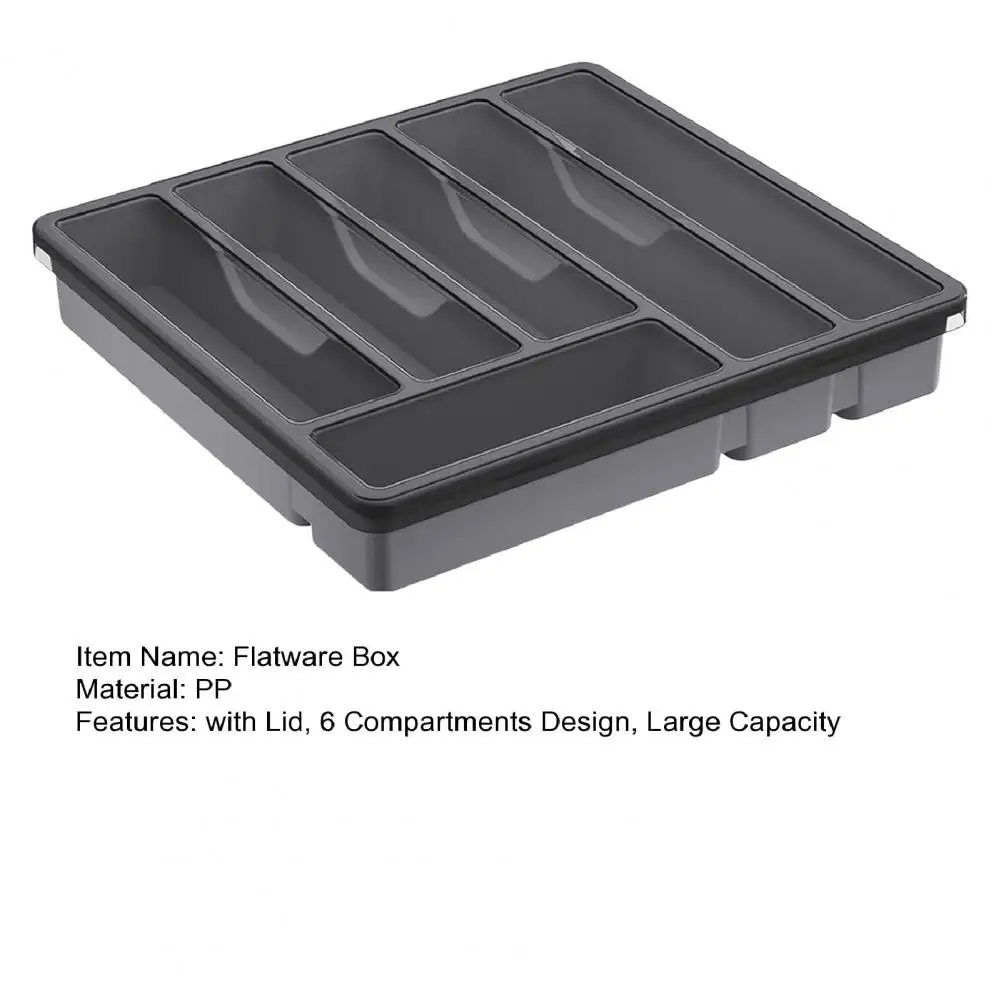 Description Picture 4 of itemCutlery Tray with Lid Utensil Storage Box Kitchen Utensil Holder with Lid 6 Compartments Drawer for Chopsticks for Flatware