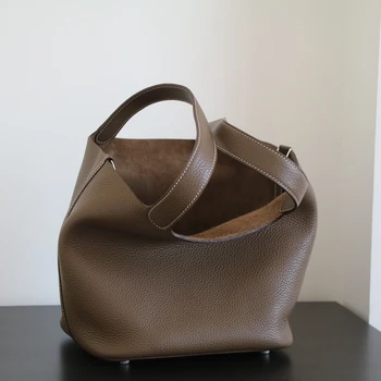 High Quality Luxury Bucket Bag Genuine Leather Women Tote BagHandbag Fashion Simple Real Cowhide Leather Female Bag Soft Big