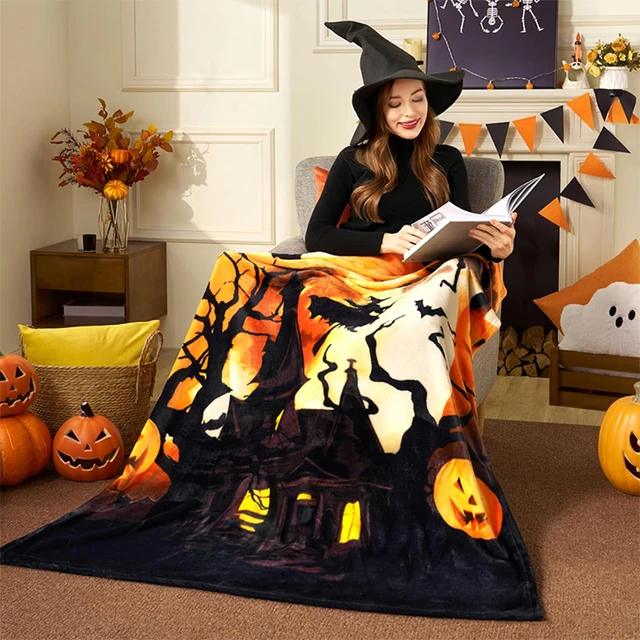 Couverture polaire effrayante d'Halloween : couverture en flanelle design sorcière, citrouilles et maison hantée, douce et confortable, cadeau 2