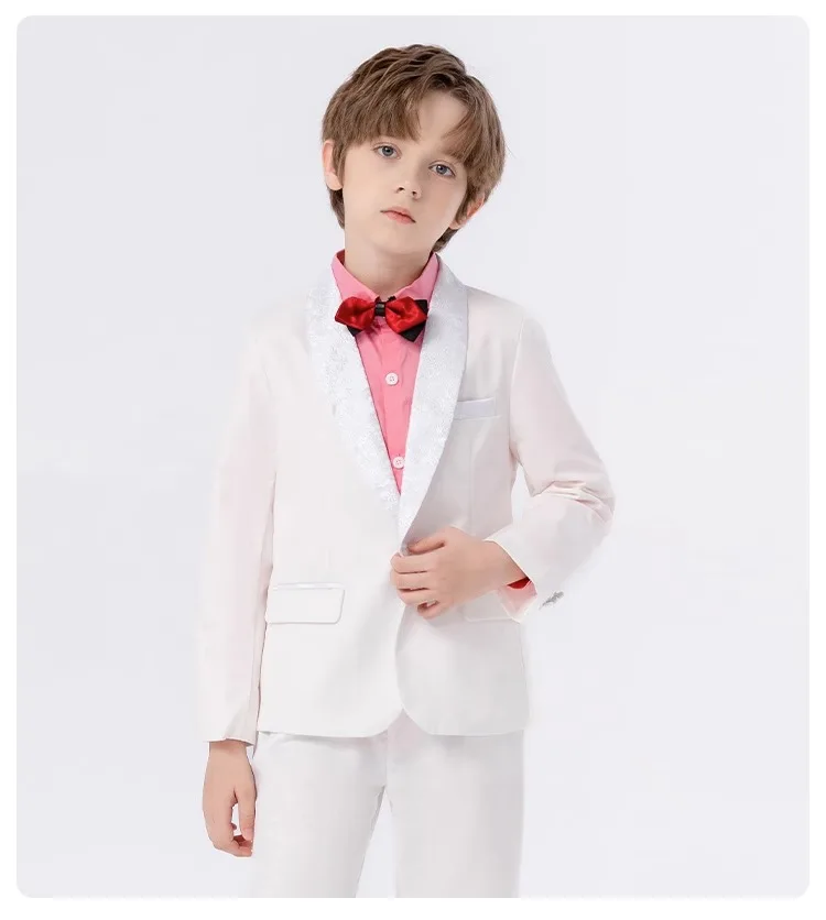 

Children Luxurious White Jacket Pants Bowtie 3PCS Photograph Suit Boys Wedding Dress Kids Tuxedo Dress Birthday Party Costume