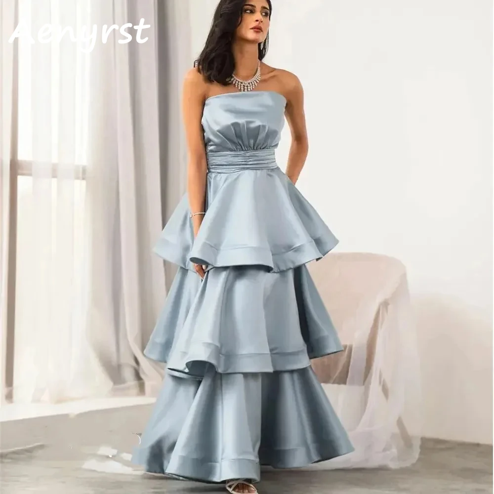 

Aenyrst Princess Strapless Tiered Prom Dresses A Line Satin Backless Evening Gowns Ankle Length Birthday Party Dress For Women