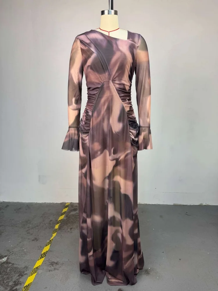 Wmstar Dress Women Wholesale Woman 2025 Summer New Style Elegant Printed Slanted Collar Pleated Slim Slimming Long Dresses