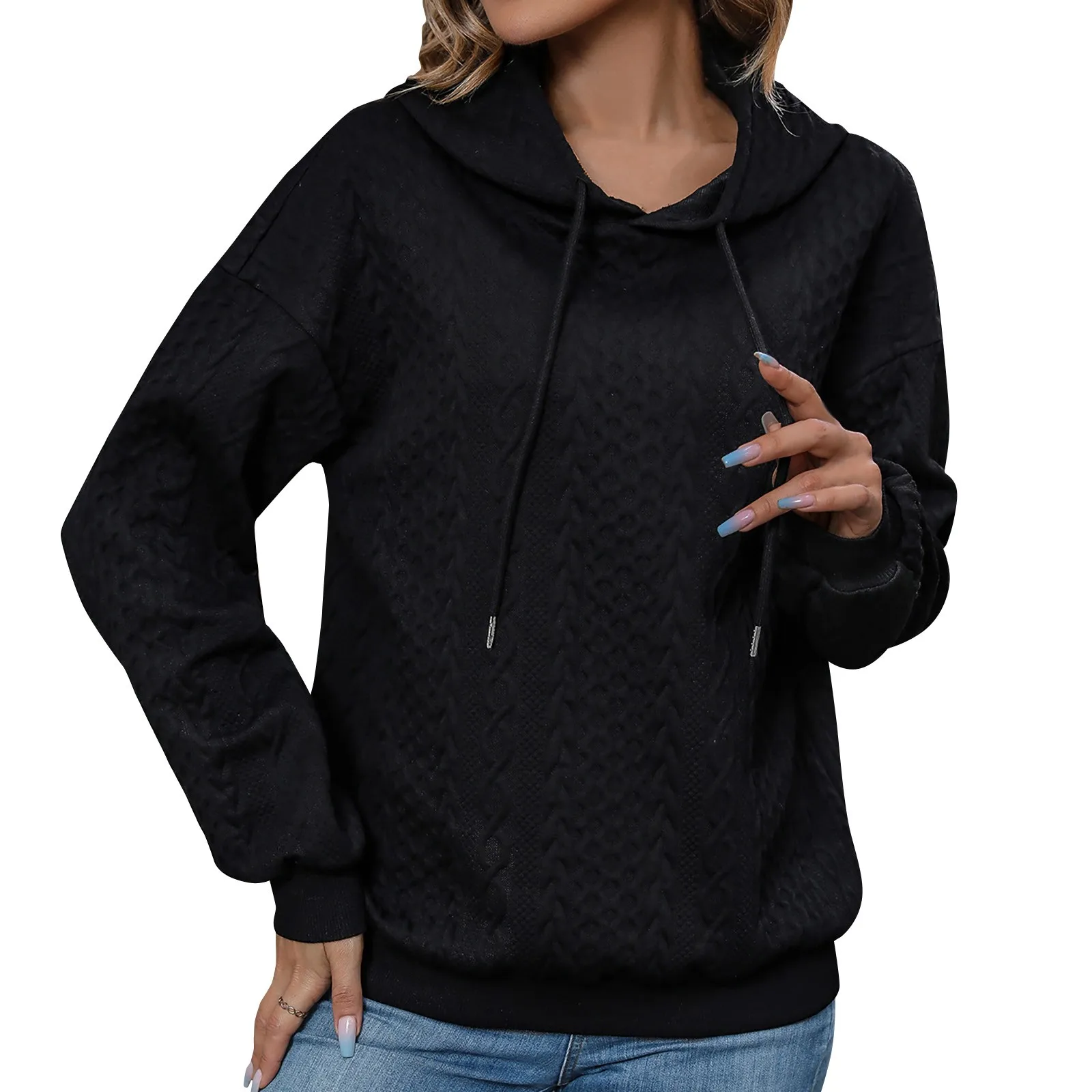 

Female Casual Pullover Solid Color Sweatshirt Pullover Autumn Winter 2023 Long Sleeve Jacquard Pattern Knitted Jumper Hoodie