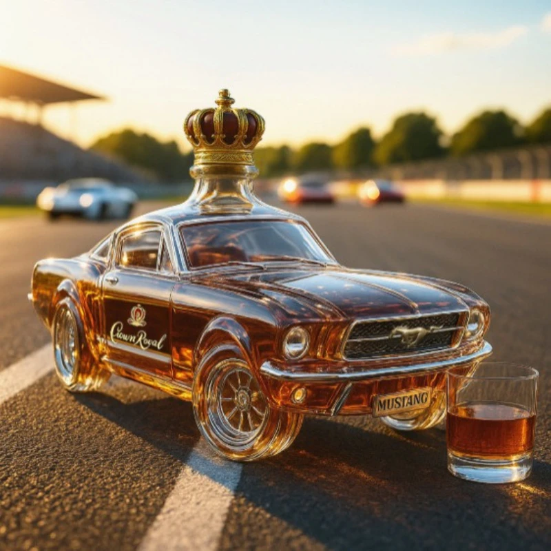 Hot selling creative new design transparent car shaped glass whiskey vodka empty bottle Mustang whiskey police car bottle