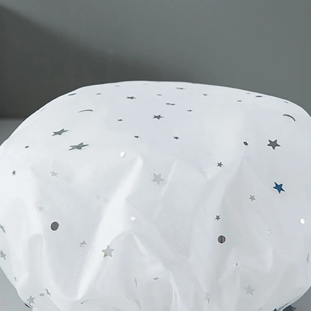 Wasserdichte Doppelschicht-Duschhaube mit Sternenhimmel-Design, Modische Wiederverwendbare Badekappe, Ölbeständige Hygienehaube für die Küche – Detail 3