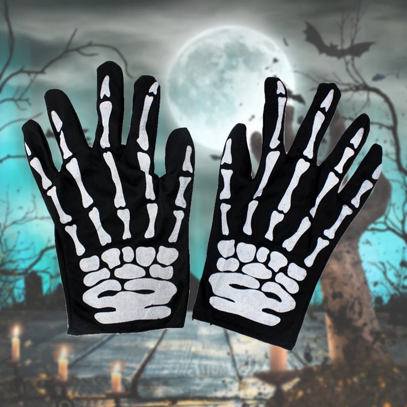 

Pair Halloween Ghost Cloth Gloves Masquerade Horror Skull Bone Skeleton Print Black Gloves Horror Gloves