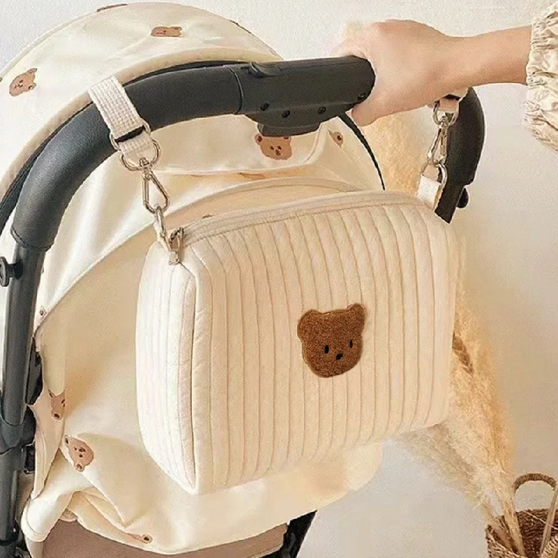 Stroller hanging bag ins wind embroidery bear zipper storage bag mommy go  out diaper bag mother and baby bag - AliExpress