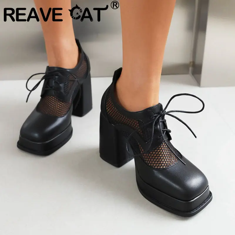 

Женские туфли-лодочки в шотландскую клетку REAVE CAT, элегантные туфли-лодочки на высоком квадратном блочном каблуке 13,5 см и платформе 4,5 см без застежки, большие размеры 42 43