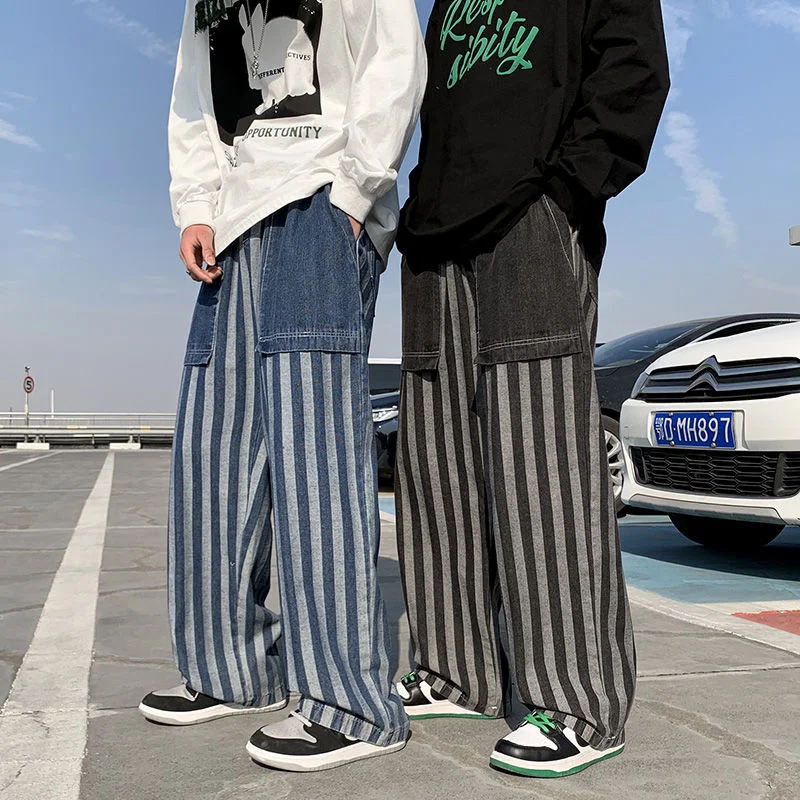 

2022 Men's Striped Streetwear Trendy Casual Pants Baggy Homme Classic Jeans Cargo Pocket Biker Denim Trousers Plus Size M-5XL