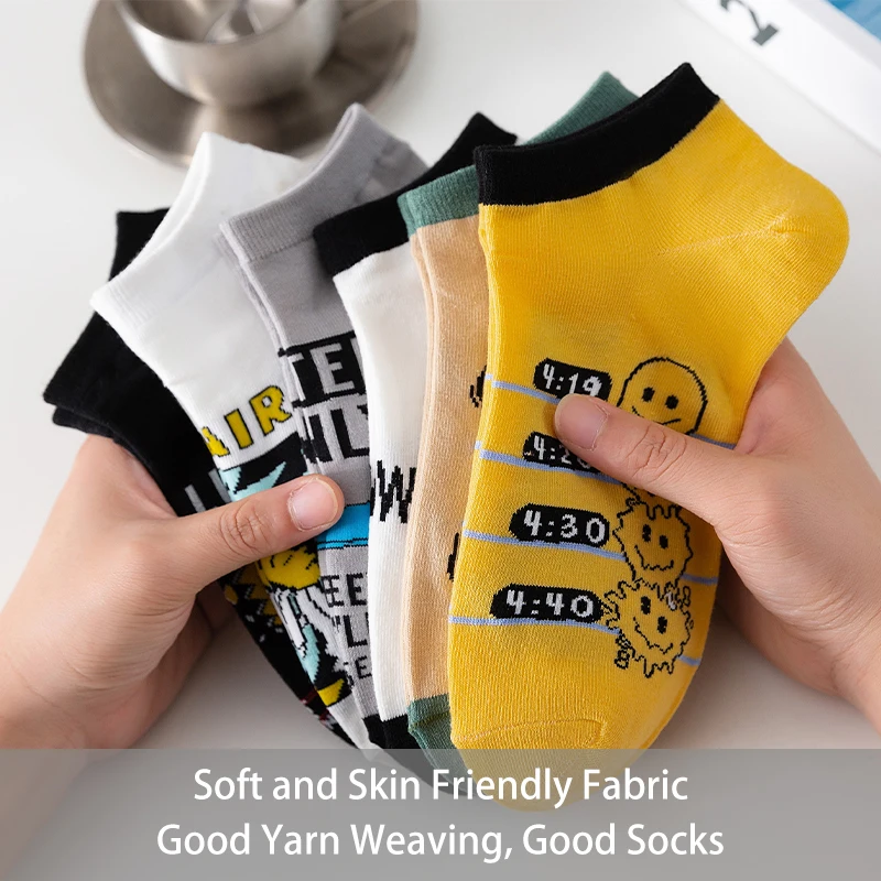 6 Pairs of Men's Spring Autumn Letter Slogans Graffiti Smiling Face Skateboarding Fashion College Style Summer Breathable Socks 4