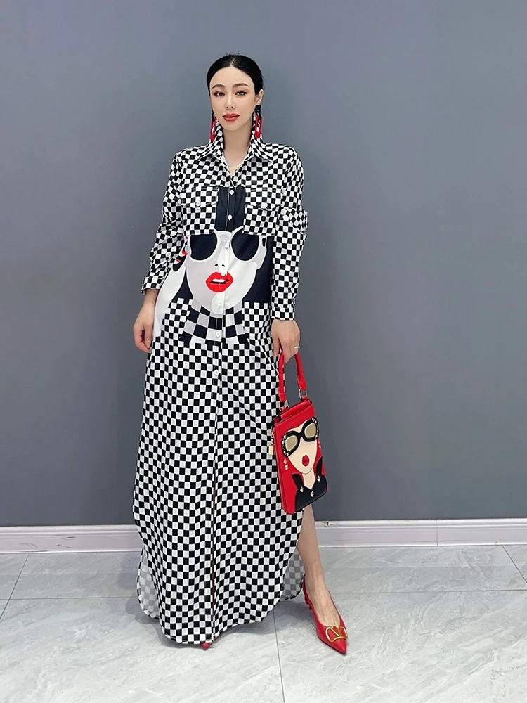 

The new summer 2023 women dress printing facebook long black and white plaid shirt comfortable leisure literature and art