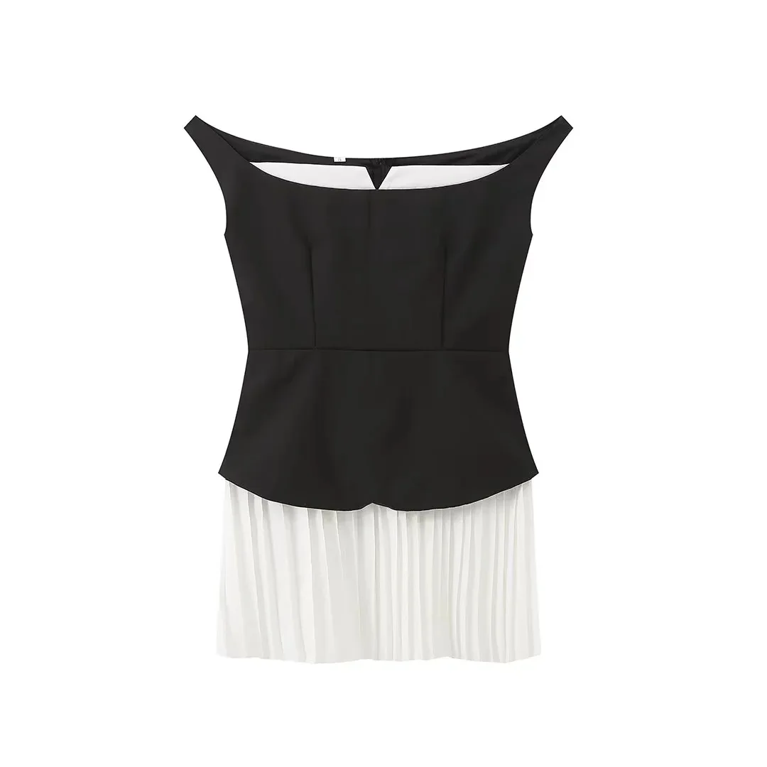 Contrast Color Folds Mini Dress For Women Slim Fit Off-Shoulder Sexy Dress Plunge Elegant Sleeveless Gown Dress Ladies