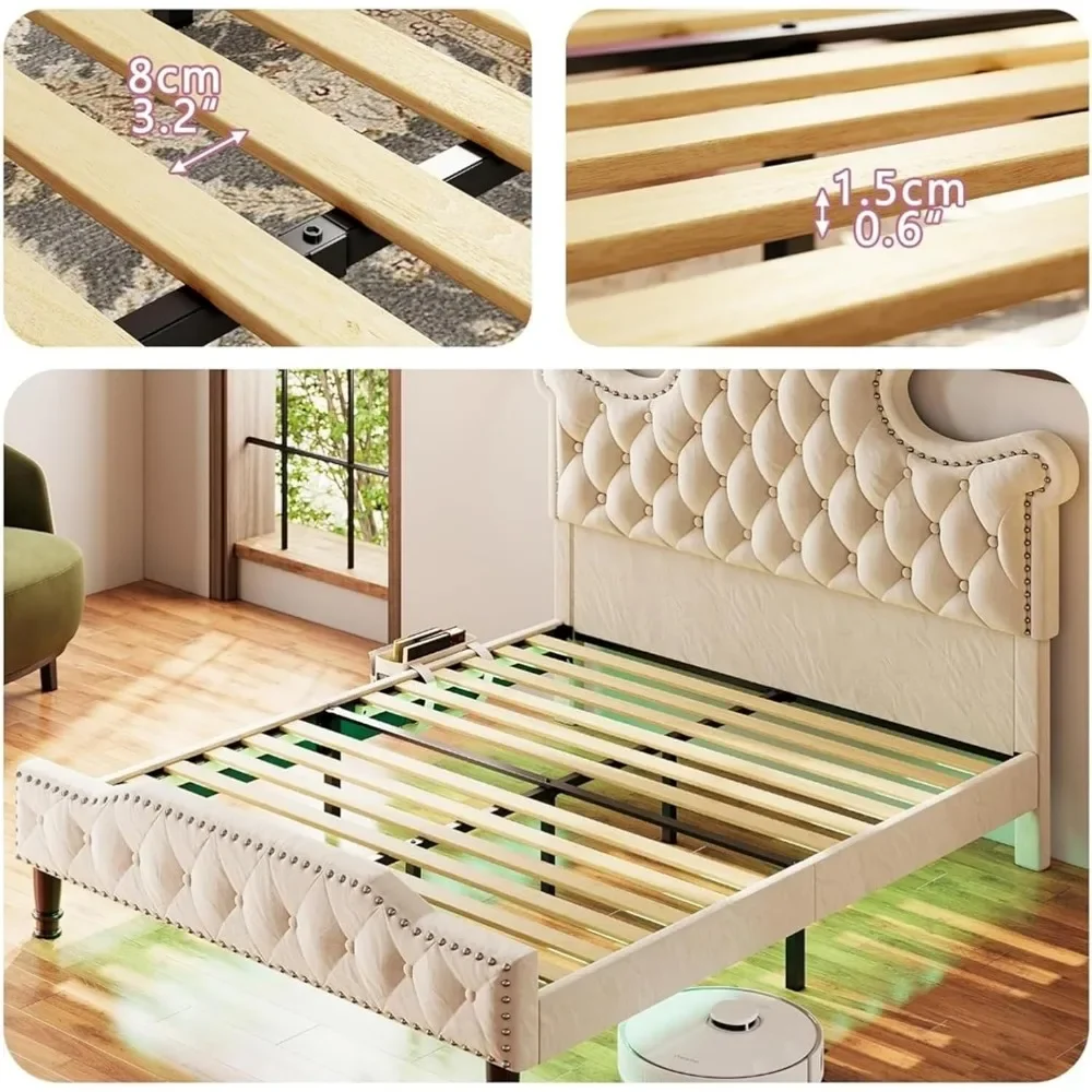 Queen Size LED Bed Frame, Queen with 58" Tall Tufted Headboard, Sturdy and Noiseless, Cream Bed Frame, Queen Bed Frame 6