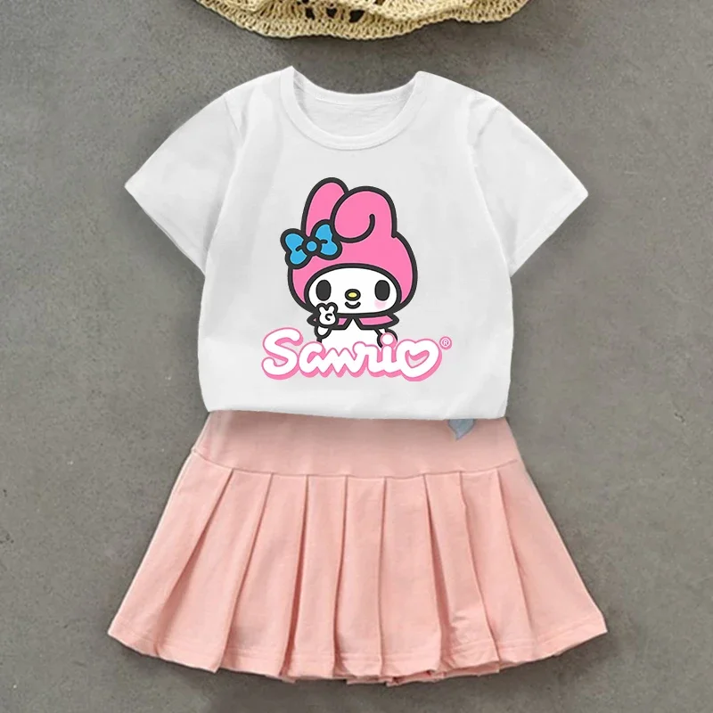 Hello Kitty Kuromi Kids Girls Student Uniform Skirts T Shirt Pleated Culottes Child Summer Skirt with Inner Safety Pant Dress 6