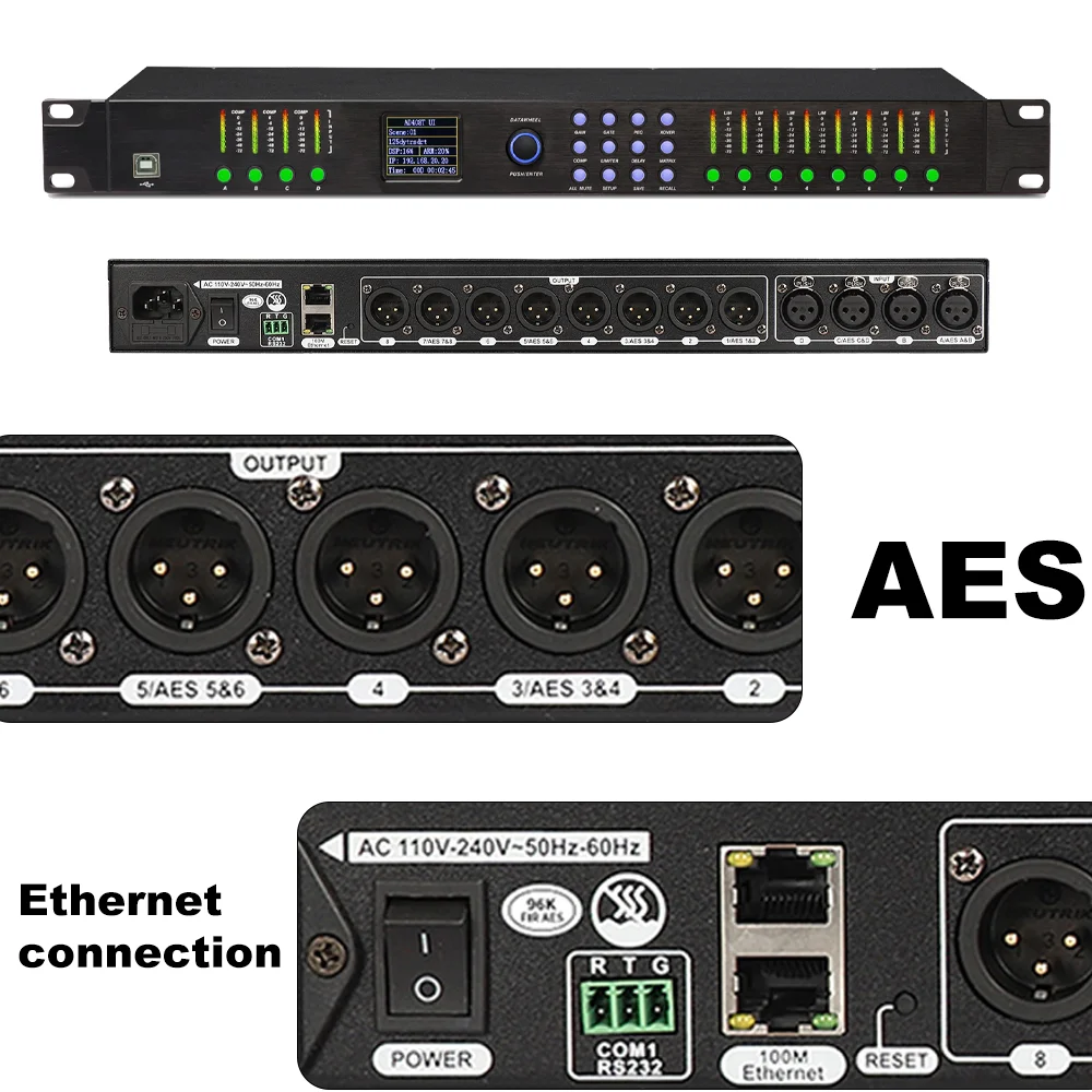 Paulkitson PDA0408RTS 디지털 오디오 프로세서 4입력 8출력 32비트 ADC 및 24비트 DAC 96KHz FIR 자동 EQ 전문 스피커 관리 AES/EBU PC 소프트웨어 제어