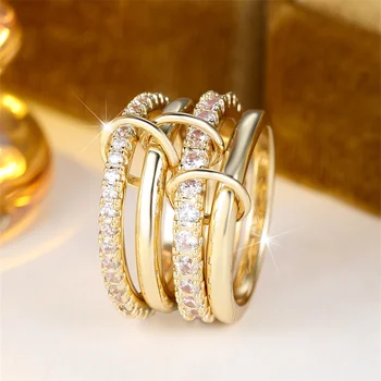 Luxury Crystal Round Stone Ring Sets For Women 4pcs/set Trendy Gold Color Engagement Rings Wedding Jewelry Bridal Versatile Gift