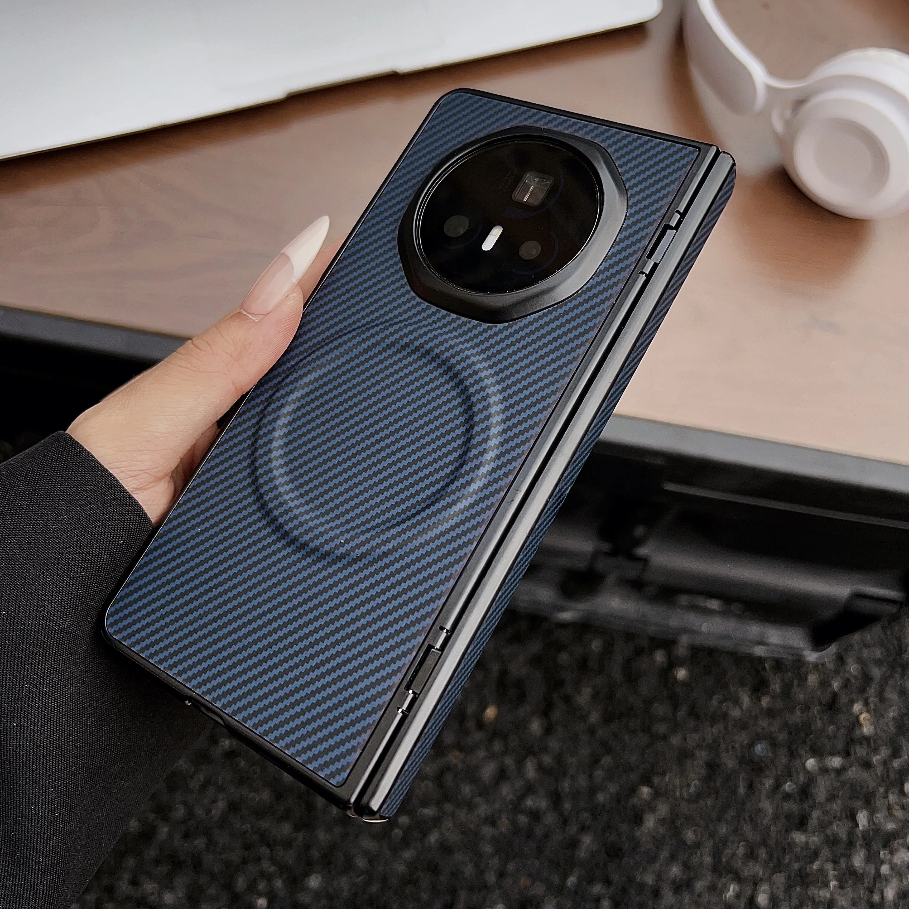 Luxury Carbon Fiber Pattern PU Leather Folding Wireless Charging Phone Case