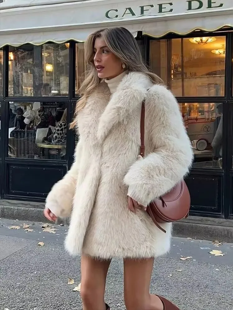 HH Women Fashion Faux Fur Long Coat Elegant Solid Lapel Long Sleeve Jacket 2025 Autumn Winter Warm Thicken Yellow Outwear