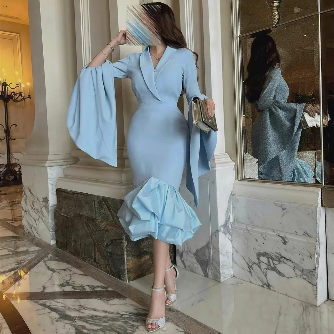 

Elegant Short Light Blue V-Neck Evening Desses Mermaid Long Sleeve Crepe Ruffled حزب اللباس Tea Length Prom Dresses for Women