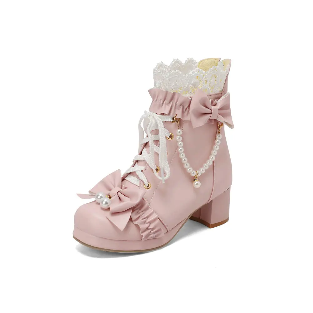 Caradise Women's Lolita Bow Ankle Boots - Lace Up Platform Chunky Heel Booties For Cosplay & Daily Wear