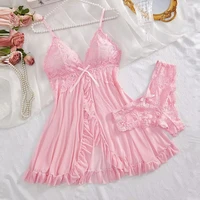 Ensemble de 2 chemises de nuit en dentelle pour femmes, vêtements de maison exquis, nouveaux pyjamas verts pour la nuit, robe de nuit transparente à fente, ensembles soutien-gorge et culotte à col en V 6