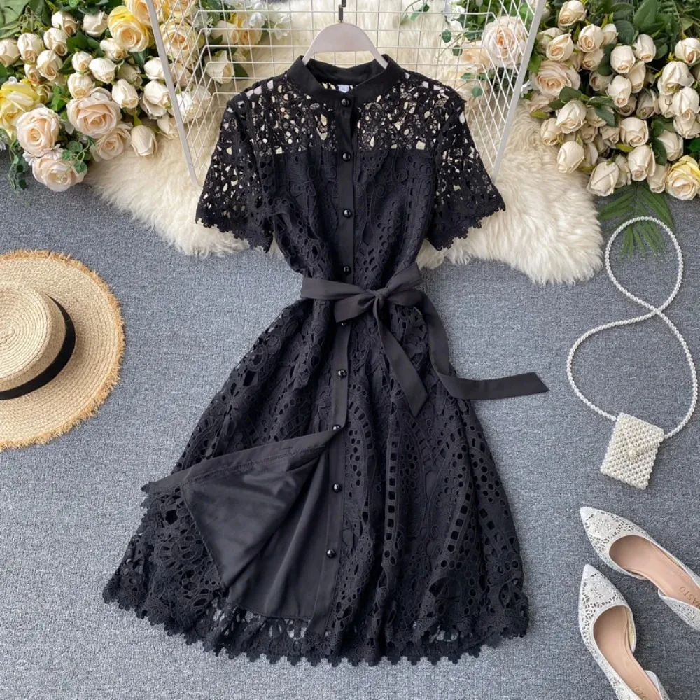 French Vintage Lace O-neck Hollow Out Bandages Short Sleeves Dress Casual  Women Fashion Spring/Summer Vestidos Dress - AliExpress 200000345