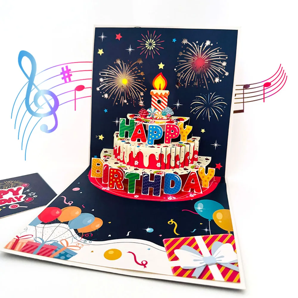 LED 촛불 및 불꽃 놀이가 있는 3D 팝업 생일 카드-누구나 생일 축하 인사 뮤지컬