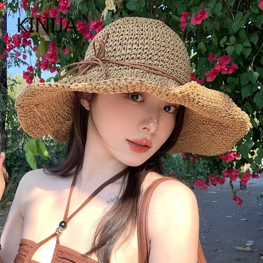 Beach Fisherman Hat Seaside Sun Protection Large Brim Bow Woven Straw Women Panama Chapeau