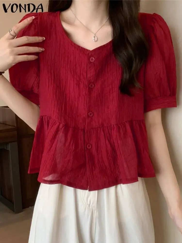 

Блузка VONDA женская с круглым вырезом, Модный повседневный топ на пуговицах, однотонная Свободная рубашка с коротким рукавом, 2024